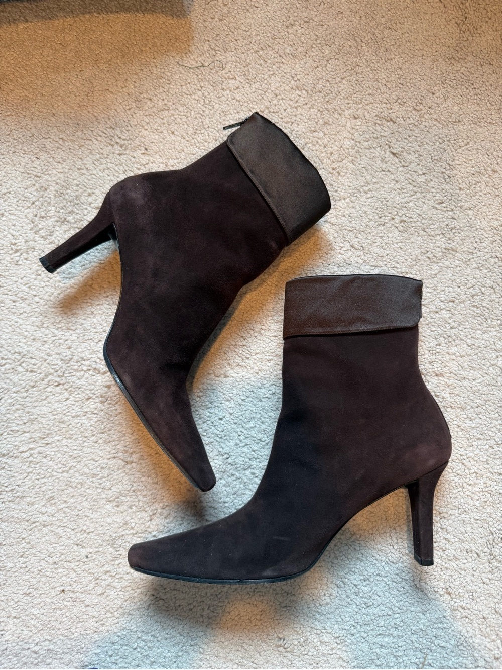Stuart Weitzman ‘Madison’ Brown Suede Satin Cuff Ankle Boots